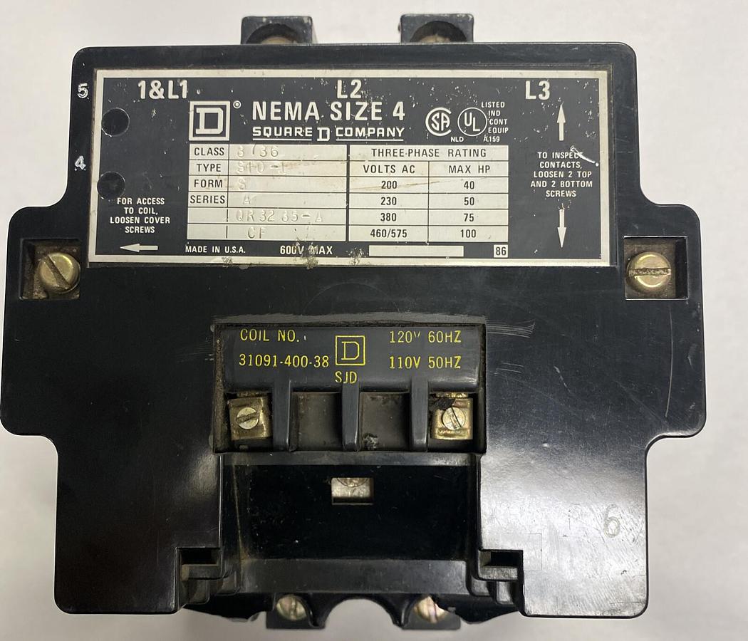 Used Square D,8736SF0-1,Size 4 Reversing Starter 135A 600V