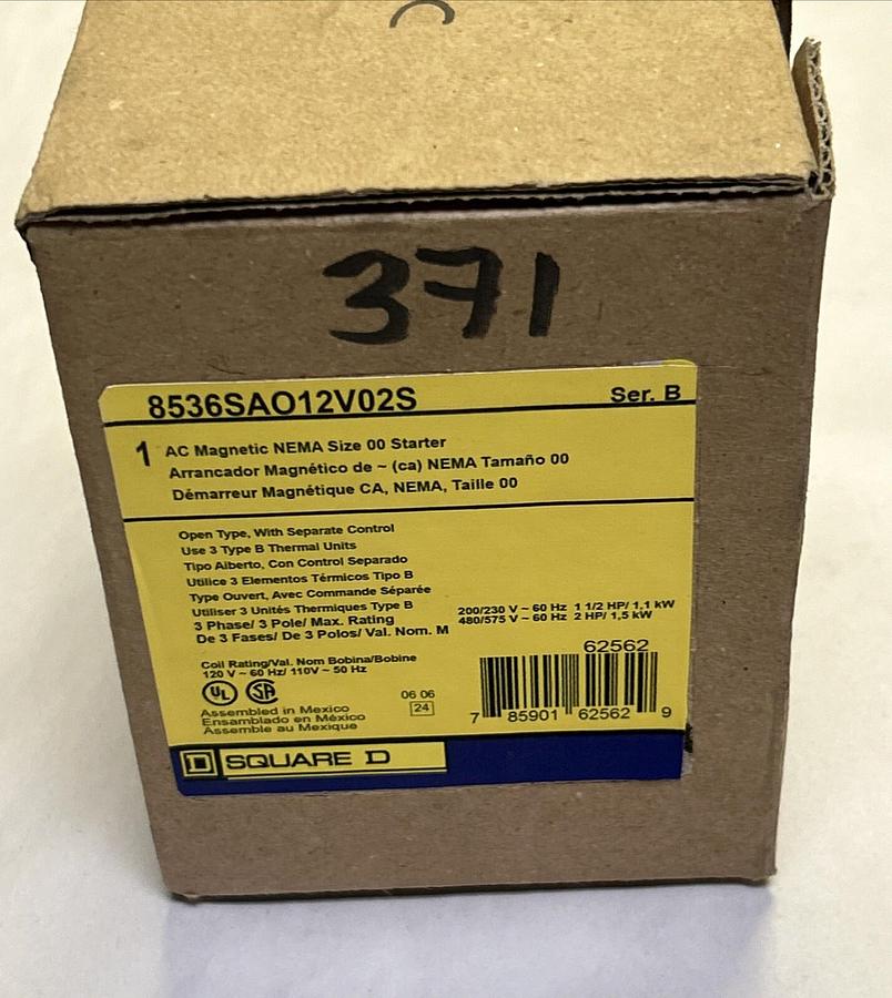 Used SQUARE D,8536SAO12V02S,AC MAGNETIC STARTER SIZE 00 NEW