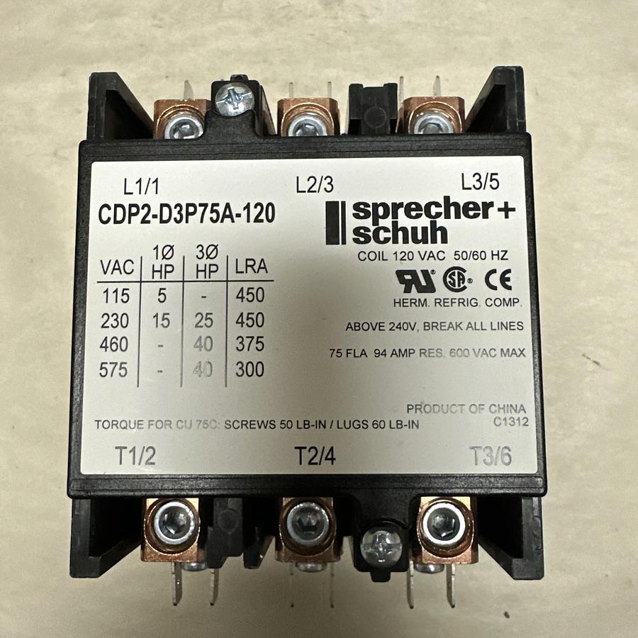Sprecher+Schuh,CDP2-D3P75A-120,3 Pole 120 V Definite Purpose Contactor