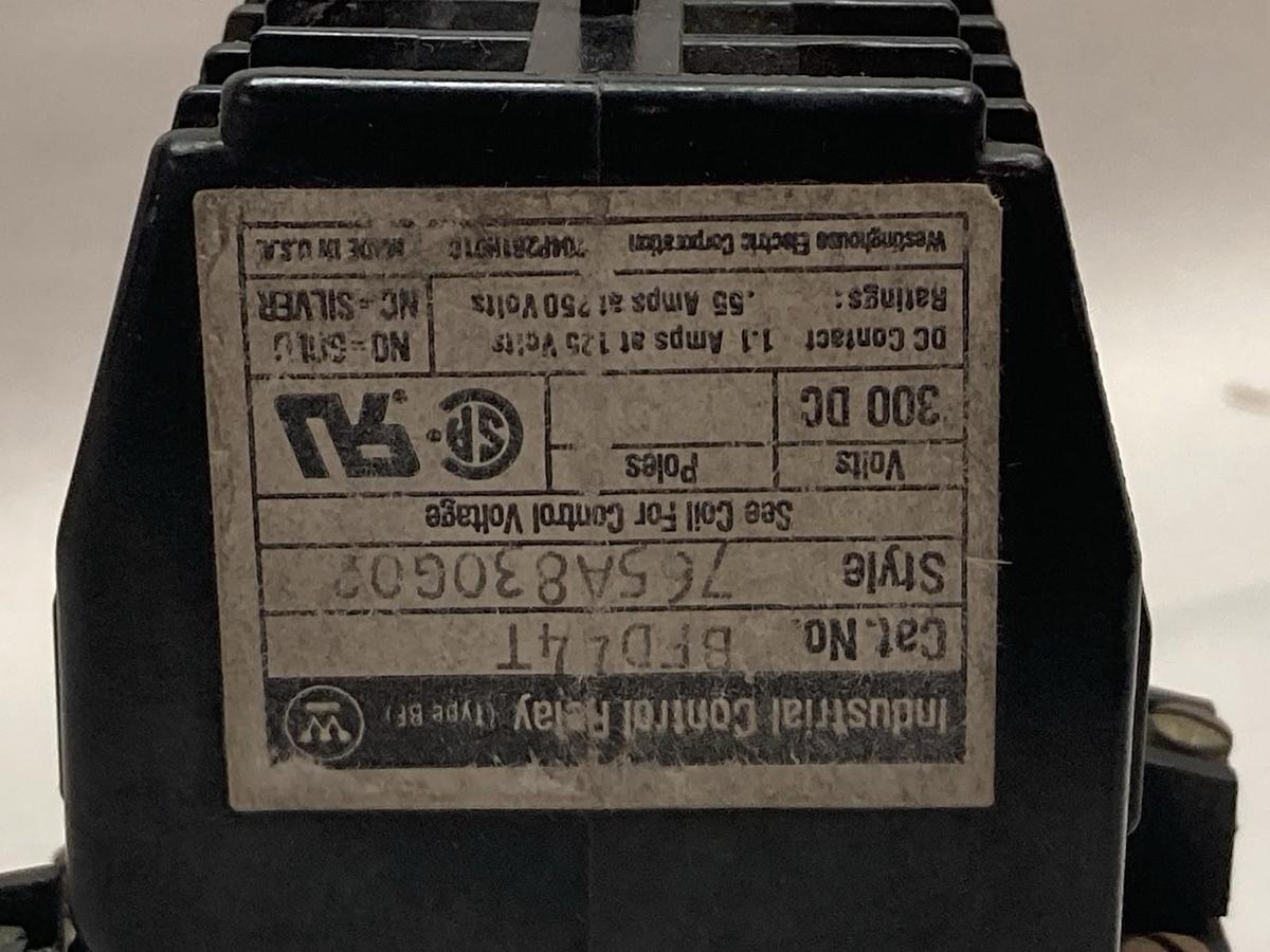 Used Westinghouse,BFD44T,Industrial Control Relay 300 VDC