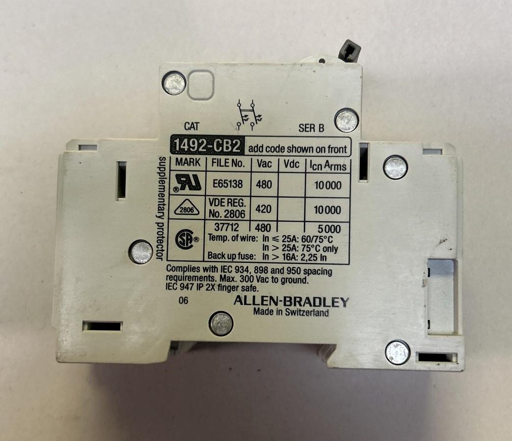 Used ALLEN BRADLEY,1492-CB2-G200,CIRCUIT BREAKER 20A 480/277V 2P LOT OF 2