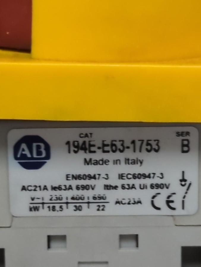 Used ALLEN BRADLEY,194E-E63-1753,SERIES B DISCONNECT SWITCH 63A 600VAC PRE-OWNED