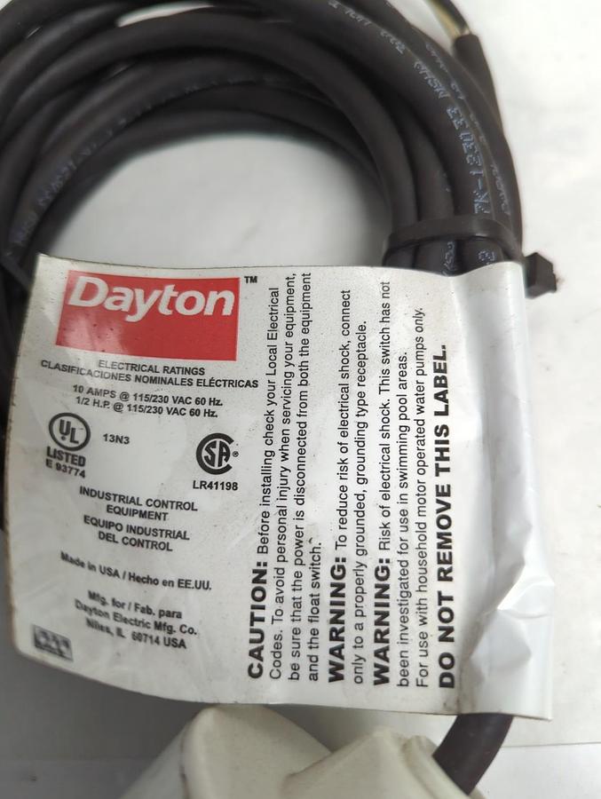 Used DAYTON,3BY7S,TYPE G FLOAT SWITCH 115/230 VAC 60HZ PRE-OWNED