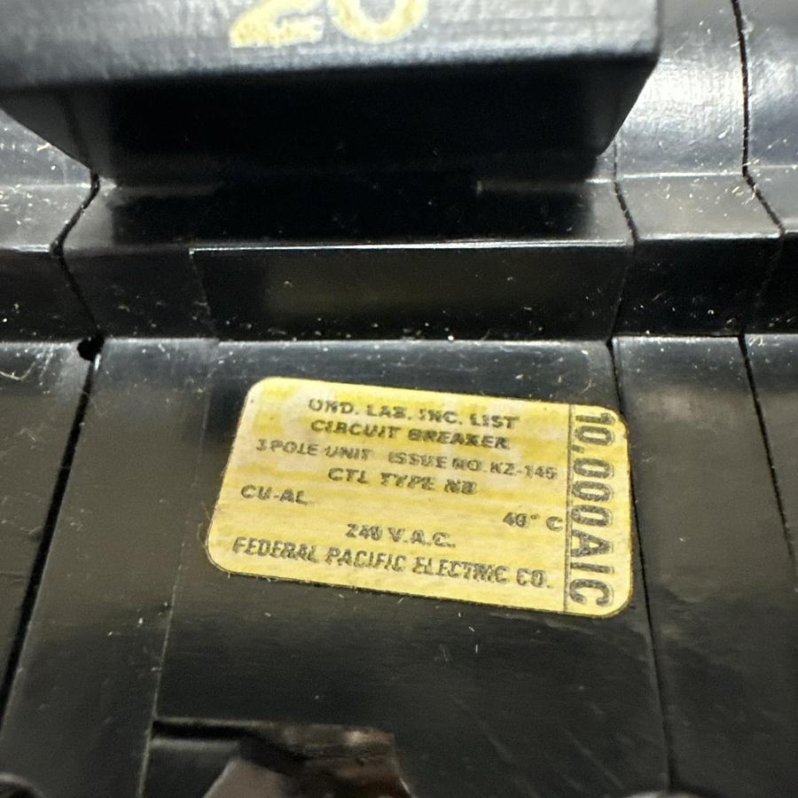 Used F.P.E.,NB320,20AMP 3 Pole 240VAC Circuit Breaker LOT of 2