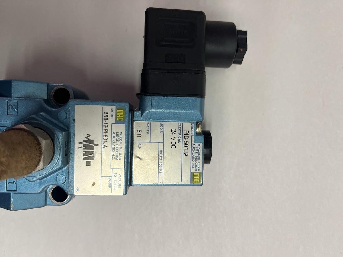 Used MAC,55B-12-PI-501JA,PNEUMATIC VALVE SOLENOID PID-501JA 24VDC