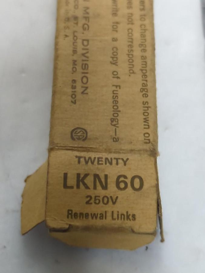 BUSSMANN,LKN60,SUPER LAG RENEWAL LINKS 250 VOLT 20PIECE BOX NOS