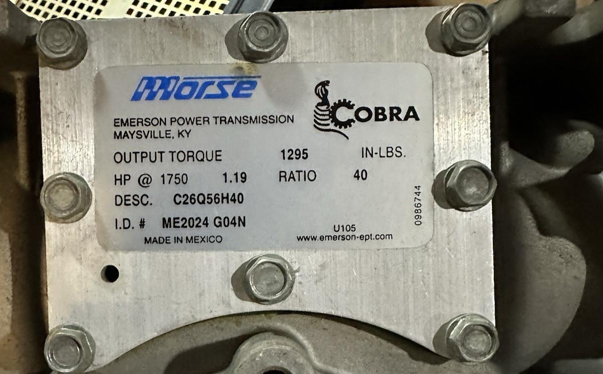 Used Morse,C26Q56H40,Cobra Gear Reducer Ratio 40:1 1295 In Lb/1.19/HP@1750