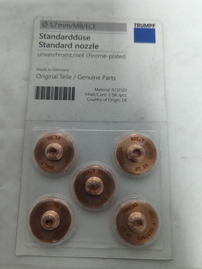 TRUMPF,0237501,CHROME PLATED LASER MACHINE NOZZLE 1.7MM/M8/ECE PACK OF 5 NOS