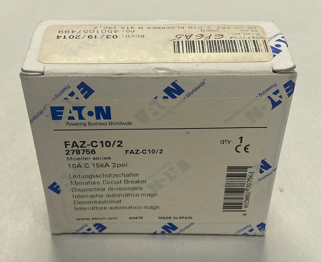 Used EATON,FAZ-C10/2,CIRCUIT BREAKER 10A 2P NEW