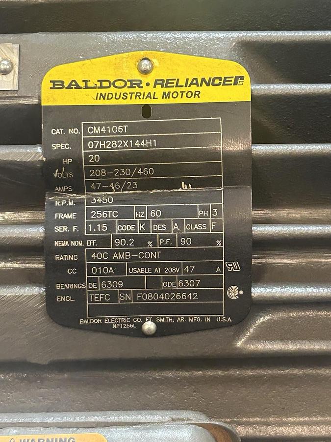 Used BALDOR,CM4106T,MOTOR 20HP 208-230/460V 3450RPM 3PH 256TC FRAME