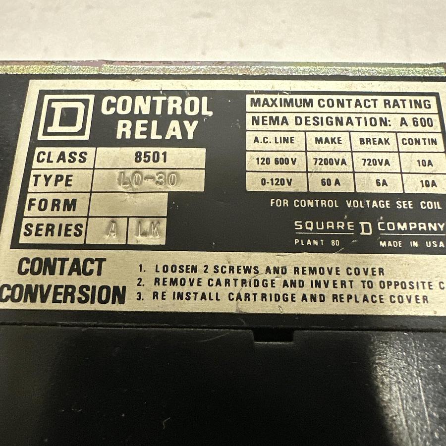 Used Square D,8501LO-30,Magnetic Control Relay (G101)