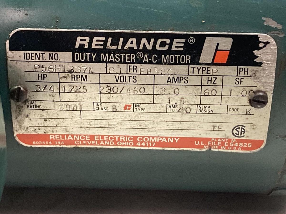 Used Reliance,P56H1337N, Motor 3/4HP 1725RPM 3PH FB56C