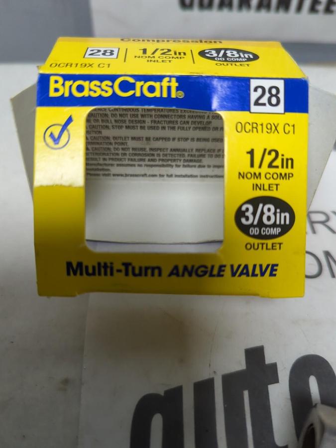 BRASS CRAFT,OCR19XC1,MULTI TURN ANGLE VALVE 1/2 IN INLET 3/8 IN OUTLET NOS