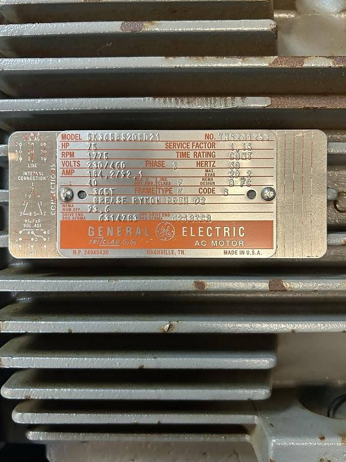 Used GE,5K365BS205D21,AC MOTOR 75HP 230/460V 1775RPM 3PH 365T FRAME