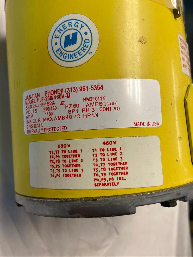 Jan Fan,JF-230/460V-M,Motor 230/460V 1/4Hp 1SP 3PH 1100RPM