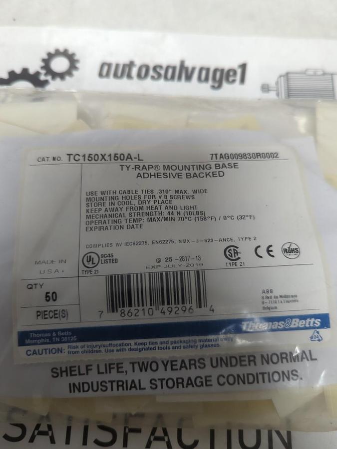 THOMAS & BETTS,TC150X150AL,TY-RAP ADHESIVE BACKED MOUNTING BASE BAG OF 50 PIECES