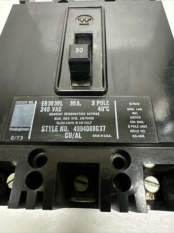 Westinghouse,EB3030L,3 Pole 30 Amp 240 VAC Circuit Breaker NEW