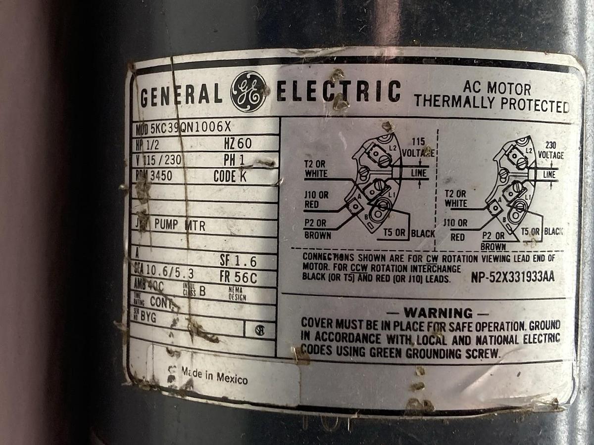 Used General Electric,5KC39QN1006X,Single Phase AC Motor 1/2Hp 60Hz 3450rpm 115/230V