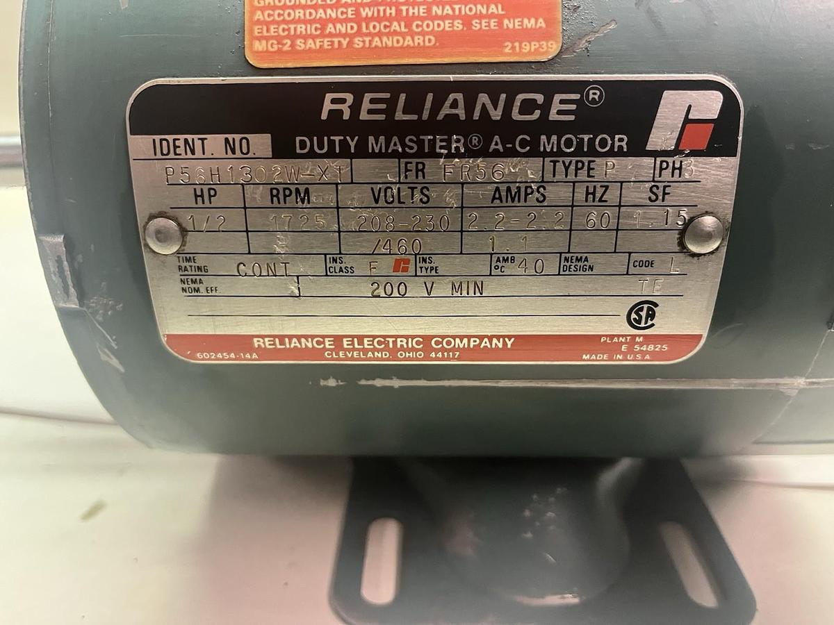 Used RELIANCE,PH56H1302W-XT,DUTY MASTER MOTOR 1/2HP 1725RPM 3PH FR56