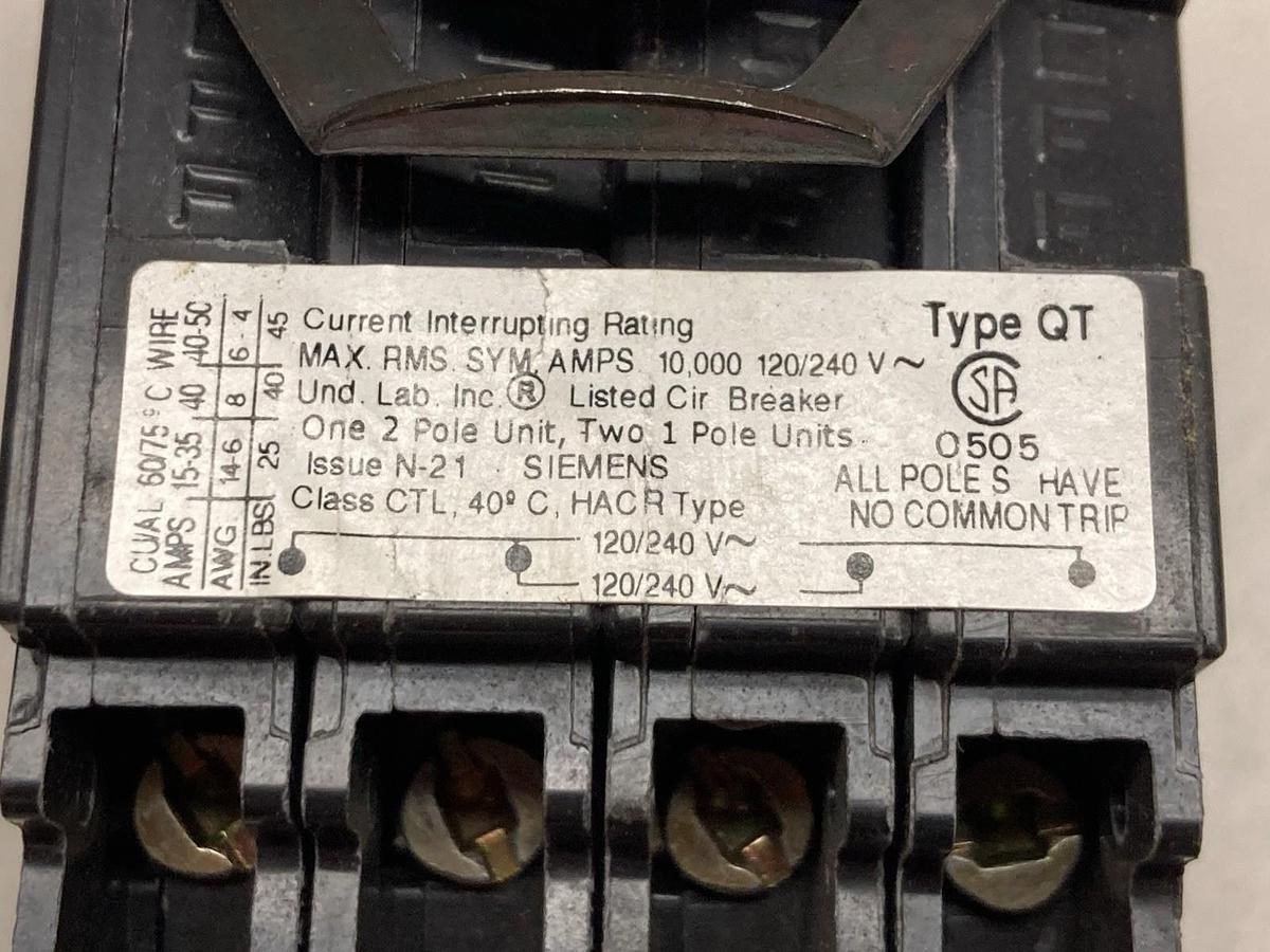 Used Siemens,Q23030 QT,2-Pole Quad Circuit Breaker 10A 120/240V