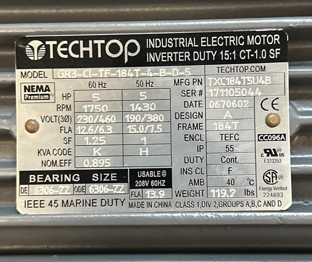 TECHTOP,GR3-CI-TF-184T-4-B-D-5,MOTOR 5HP 1750RPM 230/460V 184T FRAME NOS