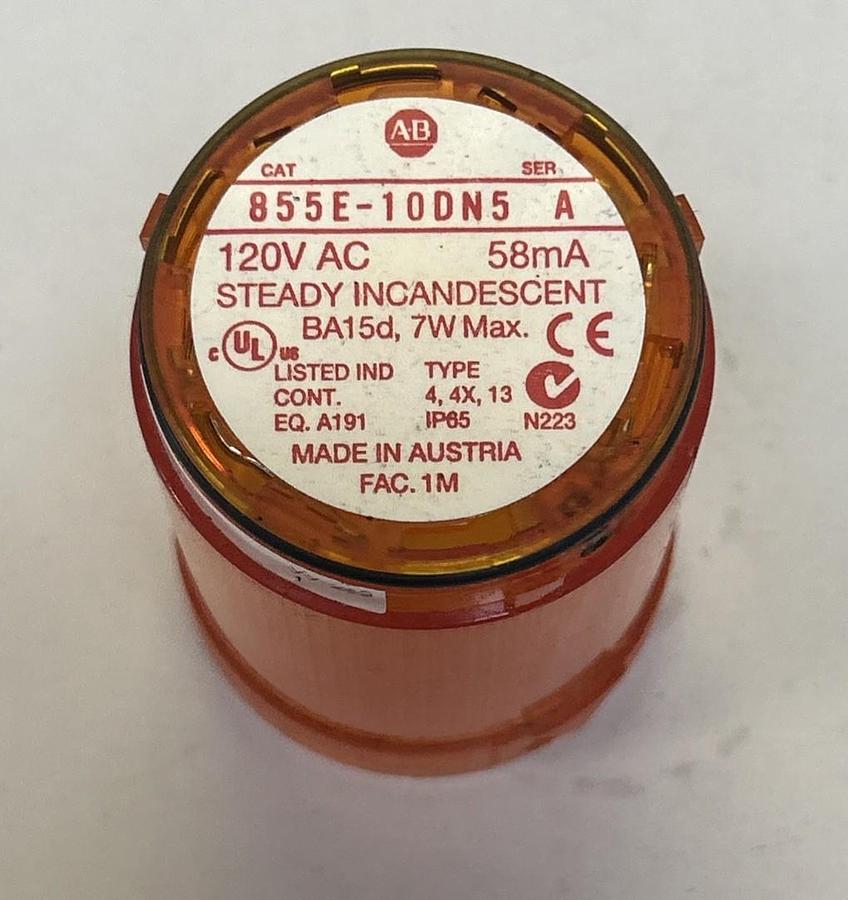 Used ALLEN BRADLEY,855E-10DN5,AMBER STEADY INCANDESCENT STACK LIGHT W/ 855E-LL24A