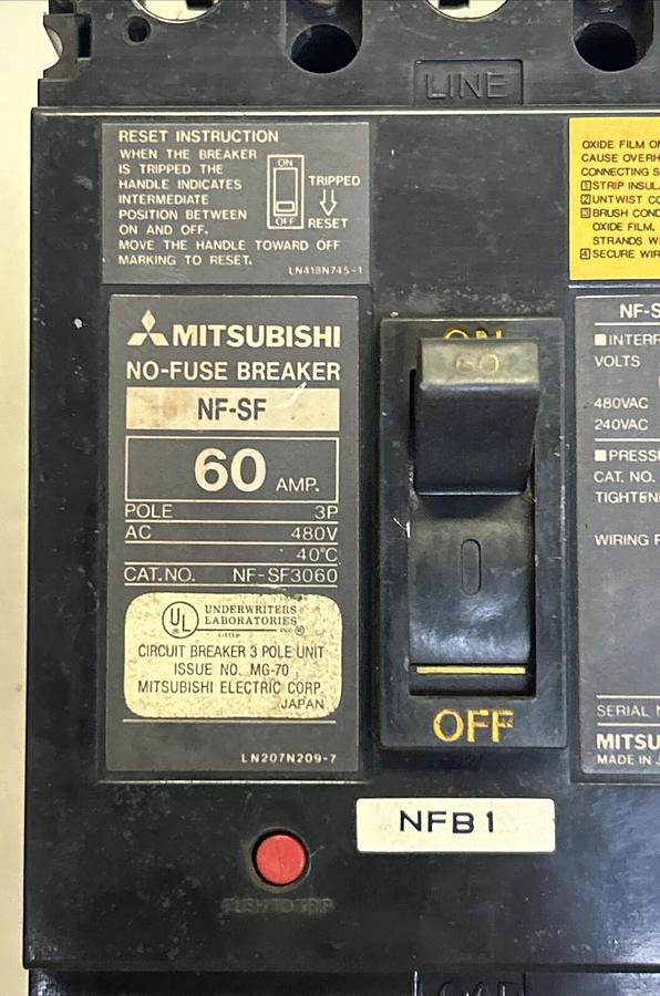 Used MITSUBISHI,NF-SF3060,CIRCUIT BREAKER 60A 480V 3P