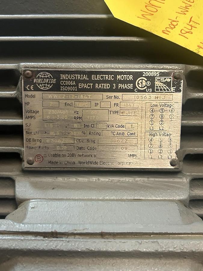 Used WORLDWIDE ELECTRIC,WWE2-12-184T,MOTOR 2HP 230/460V 1170RPM 3PH 184T FRAME