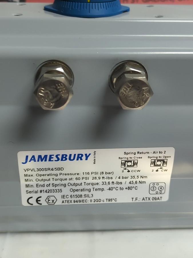 JAMESBURY,VPVL300SR4/5BD,PNEUMATIC ACTUATOR 116 PSI 8-BAR NOS