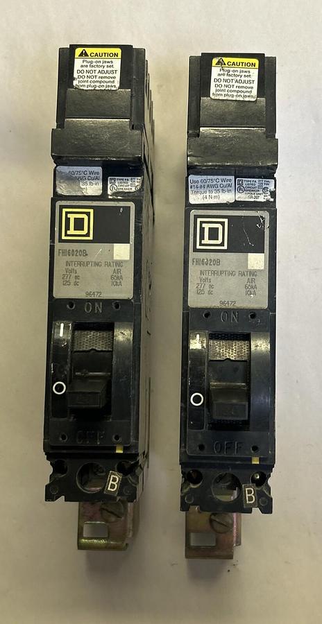 Used SQUARE D,FH16020B,I-LINE CIRCUIT BREAKER 20A 277V 1P LOT OF 2