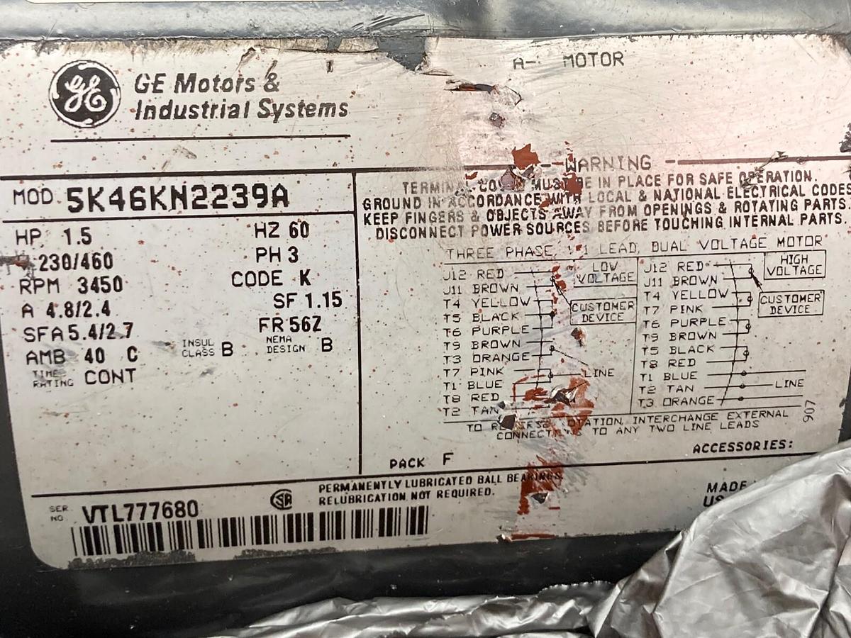 Used GE,5K46KN2239A,3-Phase A-C Motor 1.5Hp 230/460V 60Hz