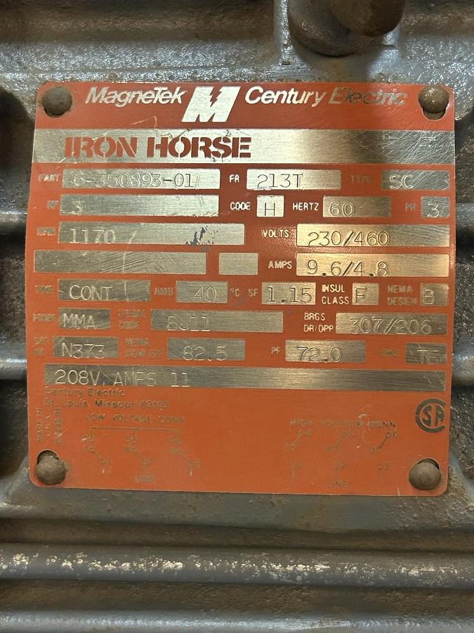 Used MAGNETEK,6-350893-01,MOTOR 3HP 230/460V 1170RPM 3PH 213T FRAME