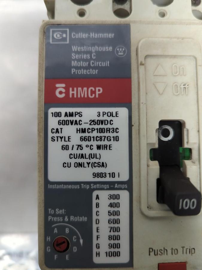 Used CUTLER HAMMER,HMCP100R3C,CIRCUIT BREAKER 100 AMP 3-POLE STYLE 6601C87G10