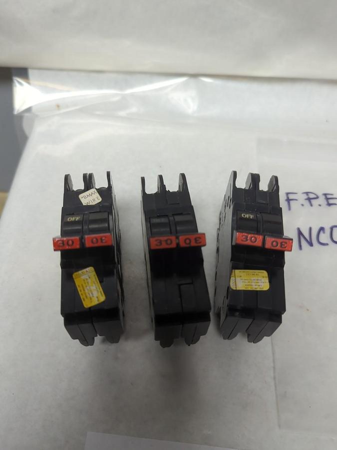 Used F.P.E.,NCO230,CIRCUIT BREAKER 30 AMP 2-POLE LOT OF 3 PRE-OWNED