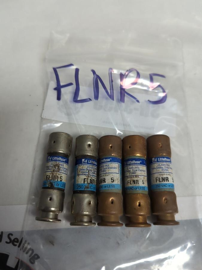Used LITTELFUSE,FLNR5,TIME-DELAY 5 AMP FUSE LOT OF 5 PRE-OWNED