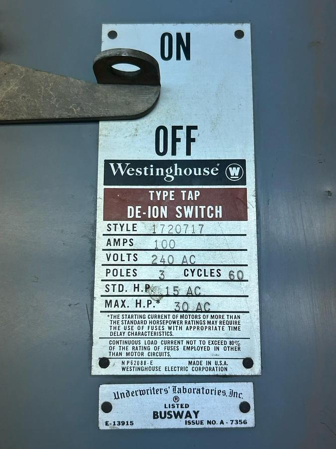 Used Westinghouse,Type TAP Style 1720717,De-Ion Switch 100A 240Vac 60Cy