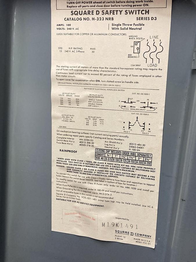 Used Square D,H323NRB,Heavy Duty Safety Switch 100A 240Vac