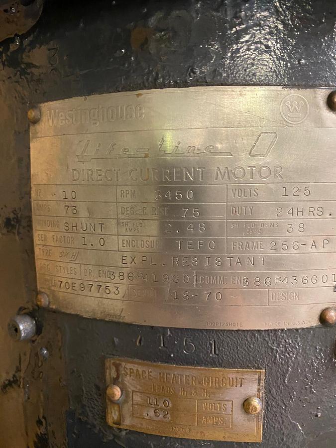 Used WESTINGHOUSE,70E97753,LIFE-LINE DIRECT CURRENT DC MOTOR 10HP 3450RPM 125VDC 256-