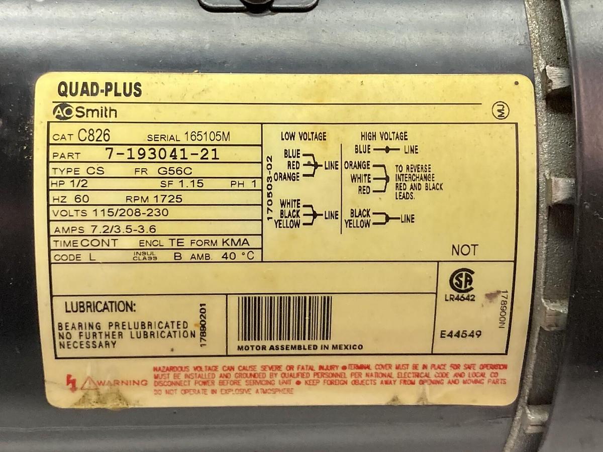 Used AO Smith,7-193041-21,1-Phase Quad-Plus Motor 1/2Hp 60Hz 1725rpm