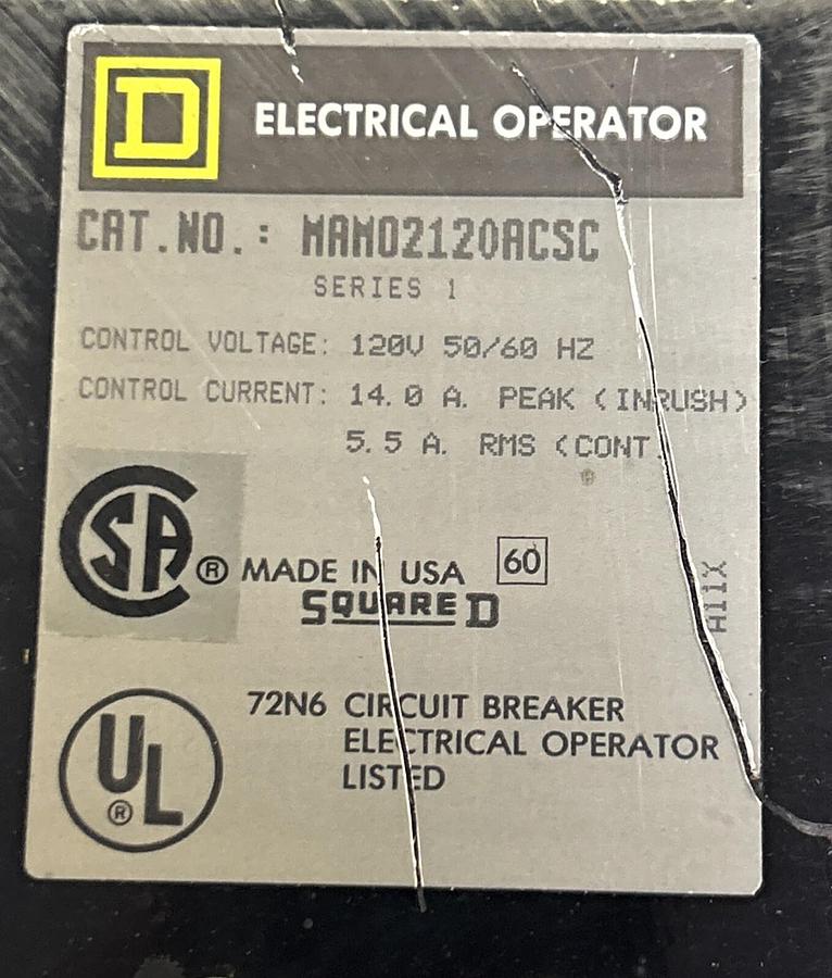 Used SQUARE D,MAM02120ACSC,CIRCUIT BREAKER ELECTRICAL OPERATOR 14A 120V
