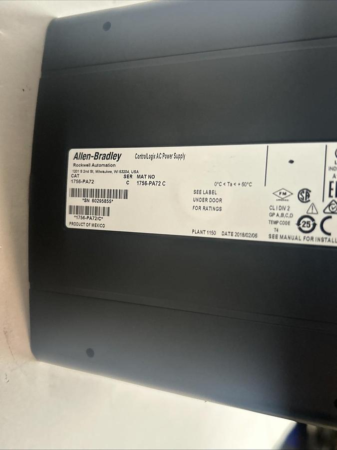 Used ALLEN BRADLEY,1756-A13,13 SLOT CHASSIS W/ 1756-PA72 POWER SUPPLY