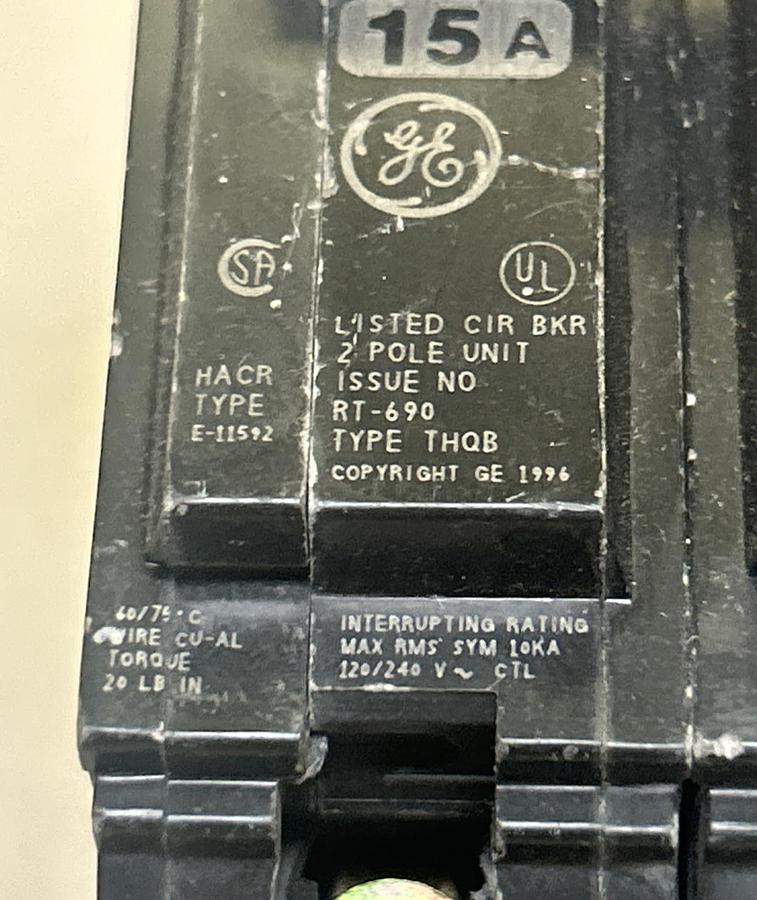 Used GENERAL ELECTRIC,THQB215,CIRCUIT BREAKER 15A 120/240V 2P