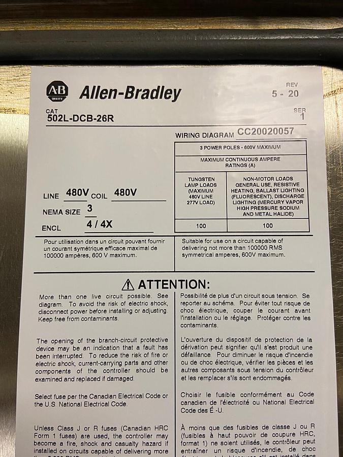 Allen Bradley,500FL-DOB930,Size 3 100A Fusible Stainless Combination Starter