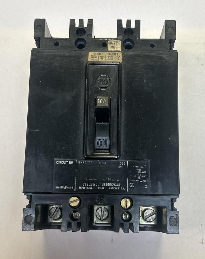 Used WESTINGHOUSE,EHB3100,CIRCUIT BREAKER 100A 480V 3P