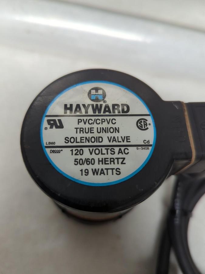 Used HAYWARD,PVC/CPVC,TRUE UNION SOLENOID VALVE WITH CORD 120VOLTS AC 50/60HZ 19WATT