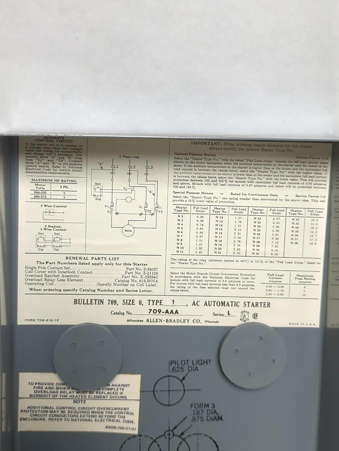 ALLEN BRADLEY,709-AAA,ACROSS THE LINE AC STARTER SIZE 0 NEMA 1 PH 3 NOS