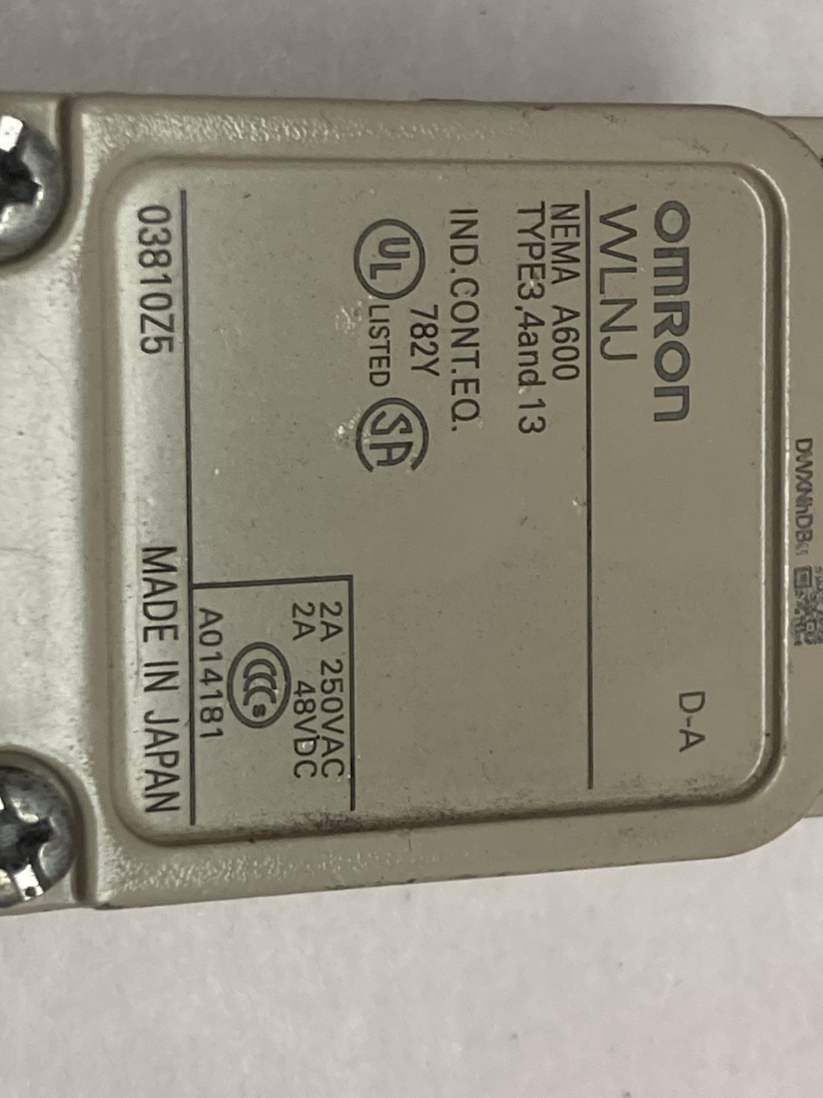 Omron,WLNJ,Limit Switch NEMA A600 Type 3,4 and 13 250Vac