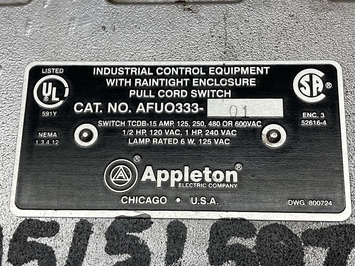 Used Appleton,AFUO333-01,Full Cord Switch 600VAC 15A 1/2Hp