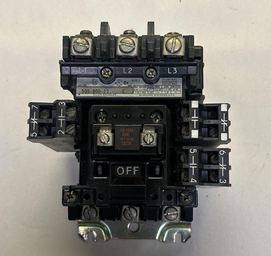 Used ALLEN BRADLEY,505-B0D-23,CONTACTOR SIZE 1 27A 600V