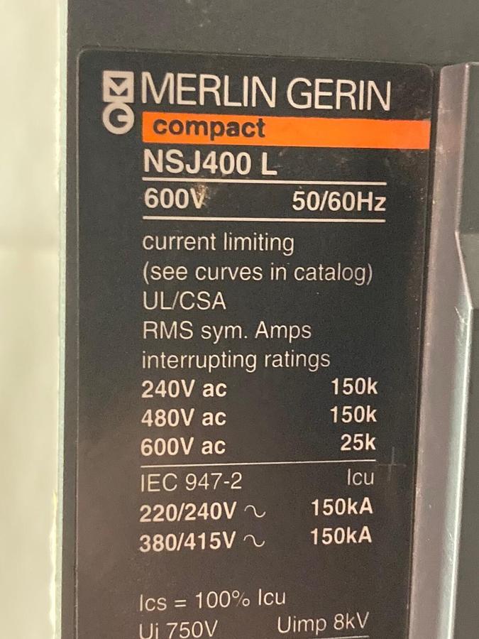 Used Merlin Gerin Compact,NSJ400 L,Circuit Breaker Trip Unit & Base 600V 50/60Hz